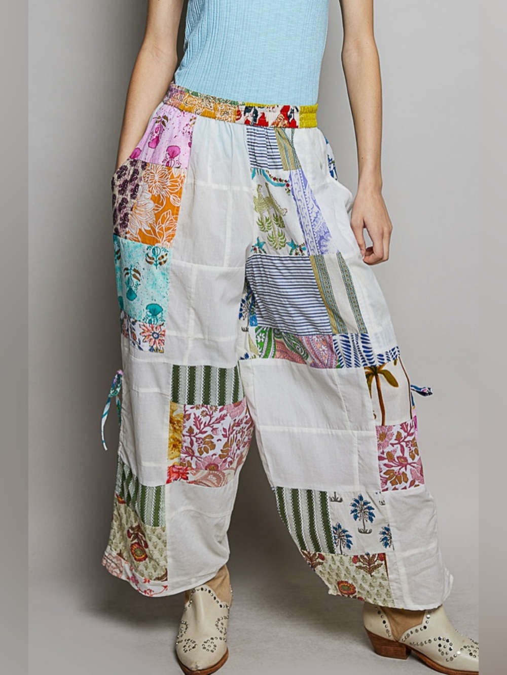 POL Printed Patchwork Wide Leg Pants with Adjustable Side Drawstring🆕